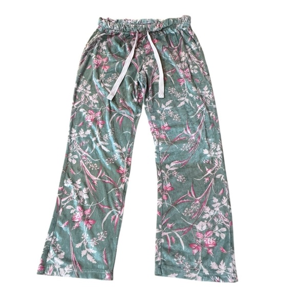 NWOT COLUMBIA Pajama Pants M Velour Velvet Floral Green Pink Pull Up Poly - Picture 1 of 7